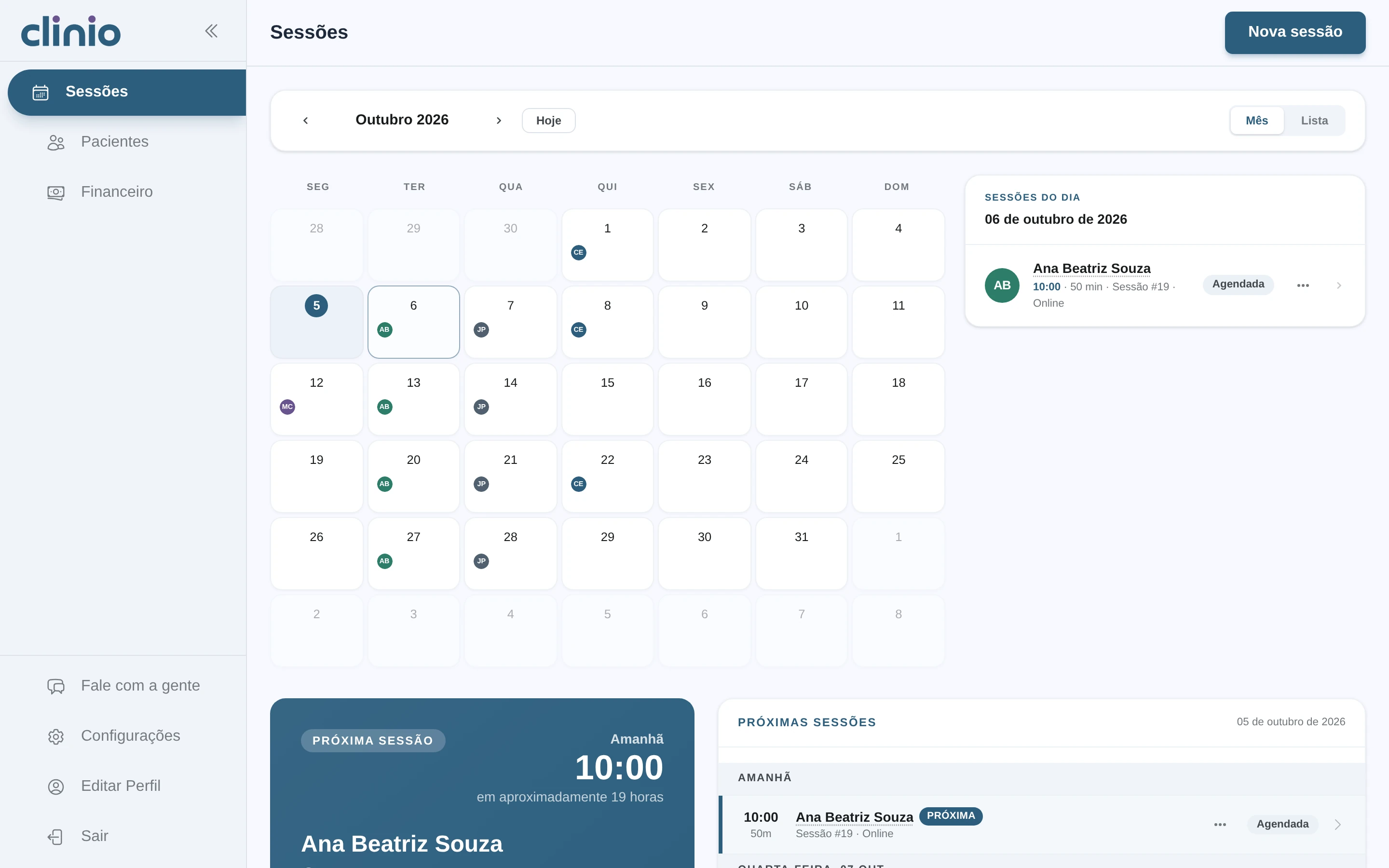 Calendário do mês com as sessões por dia e o painel do dia selecionado ao lado.