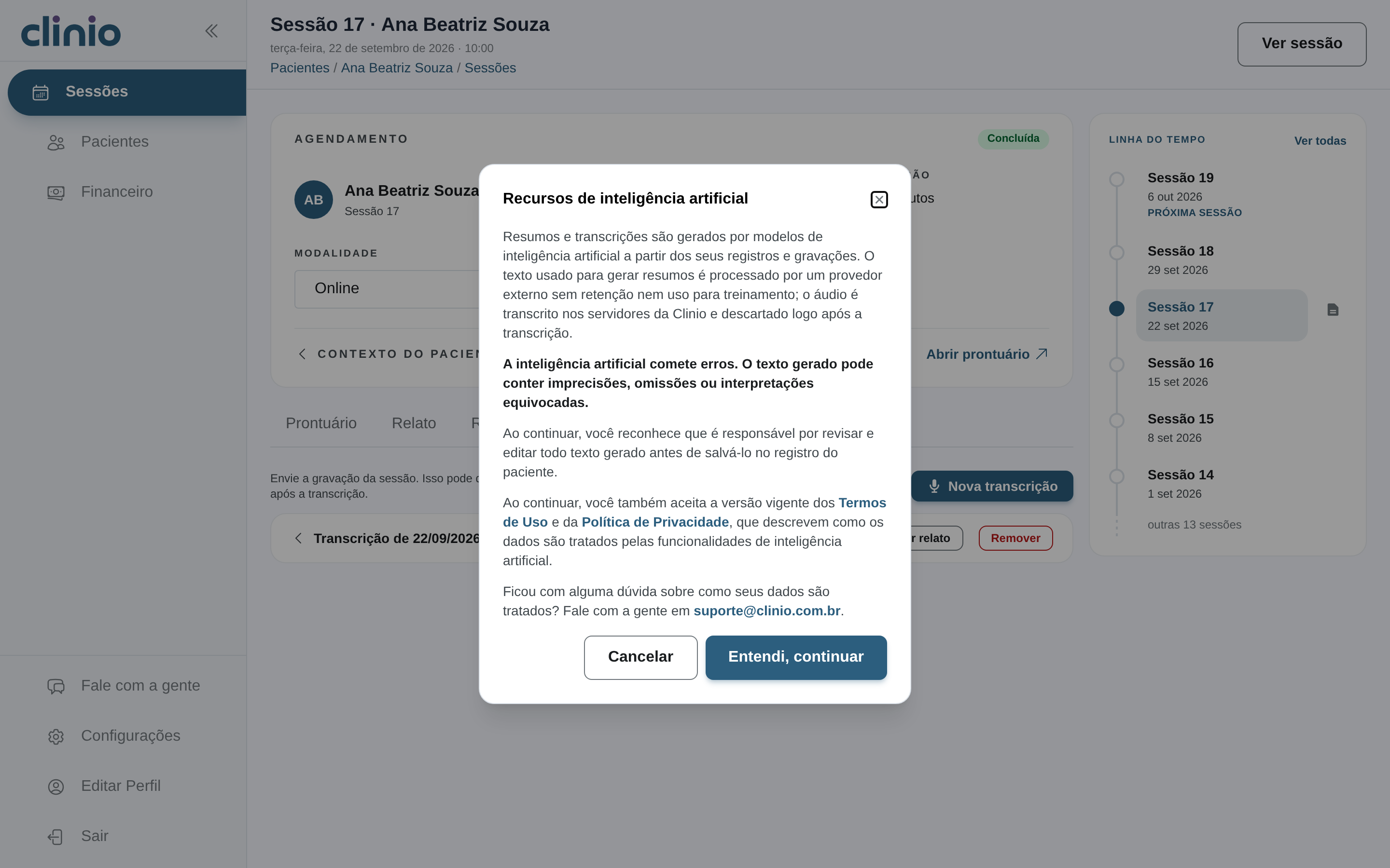 Janela de aceite dos recursos de inteligência artificial, explicando o tratamento dos dados antes do primeiro uso.