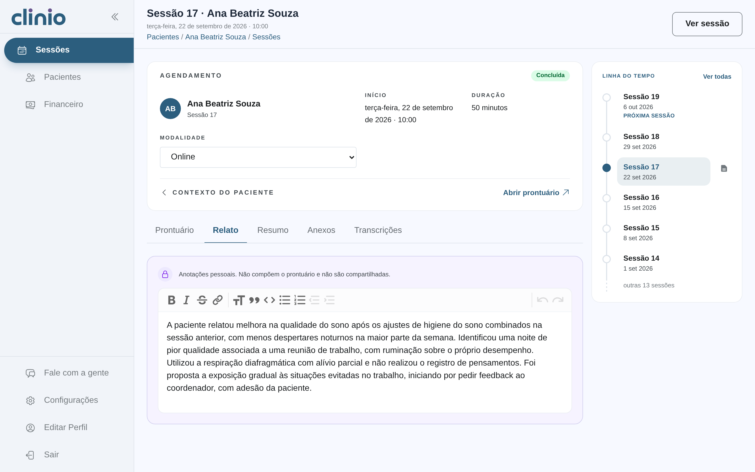Aba de relato privado de uma sessão, com o texto gerado a partir da transcrição.