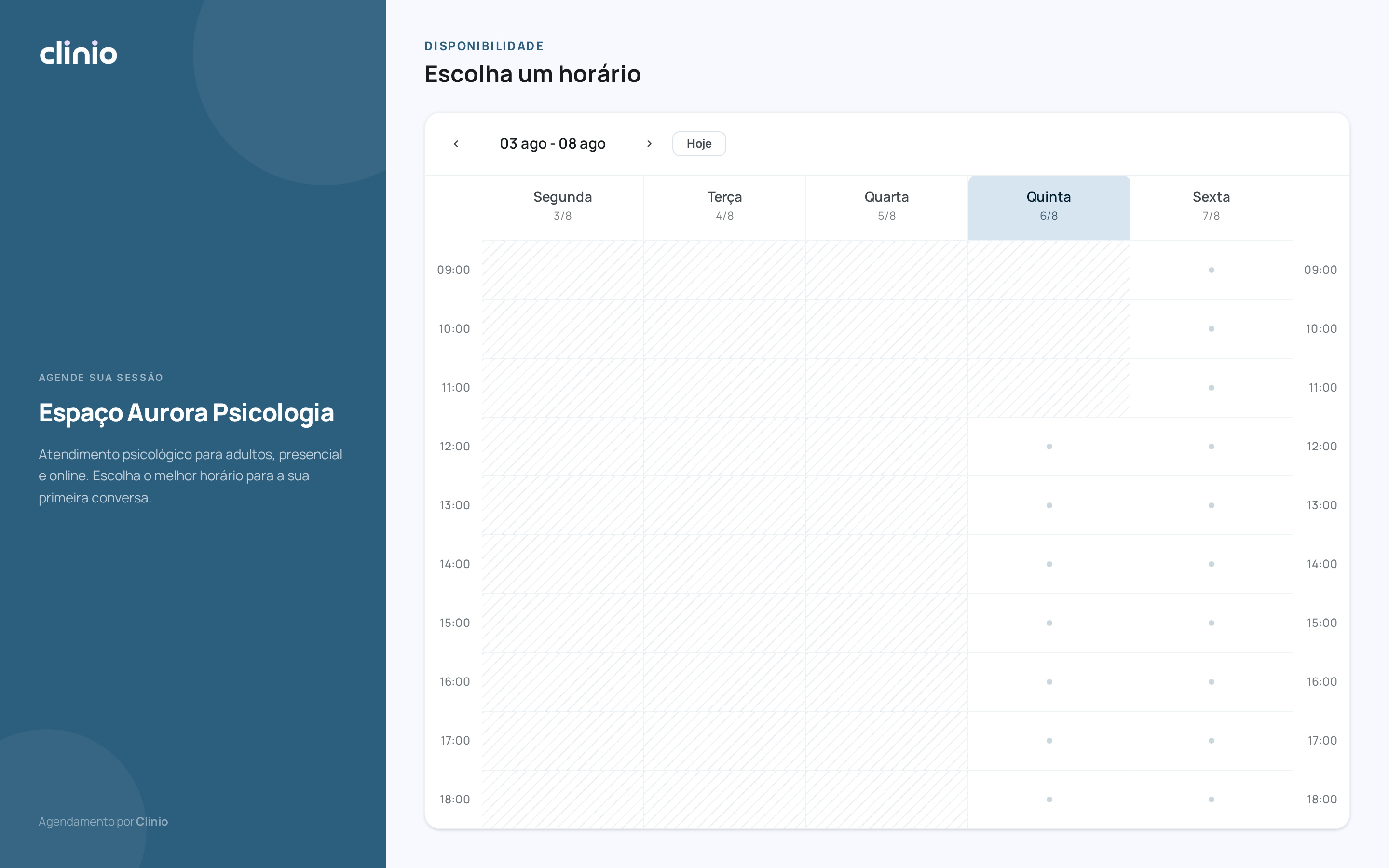 Página pública de agendamento, com os horários livres da semana para o paciente escolher.