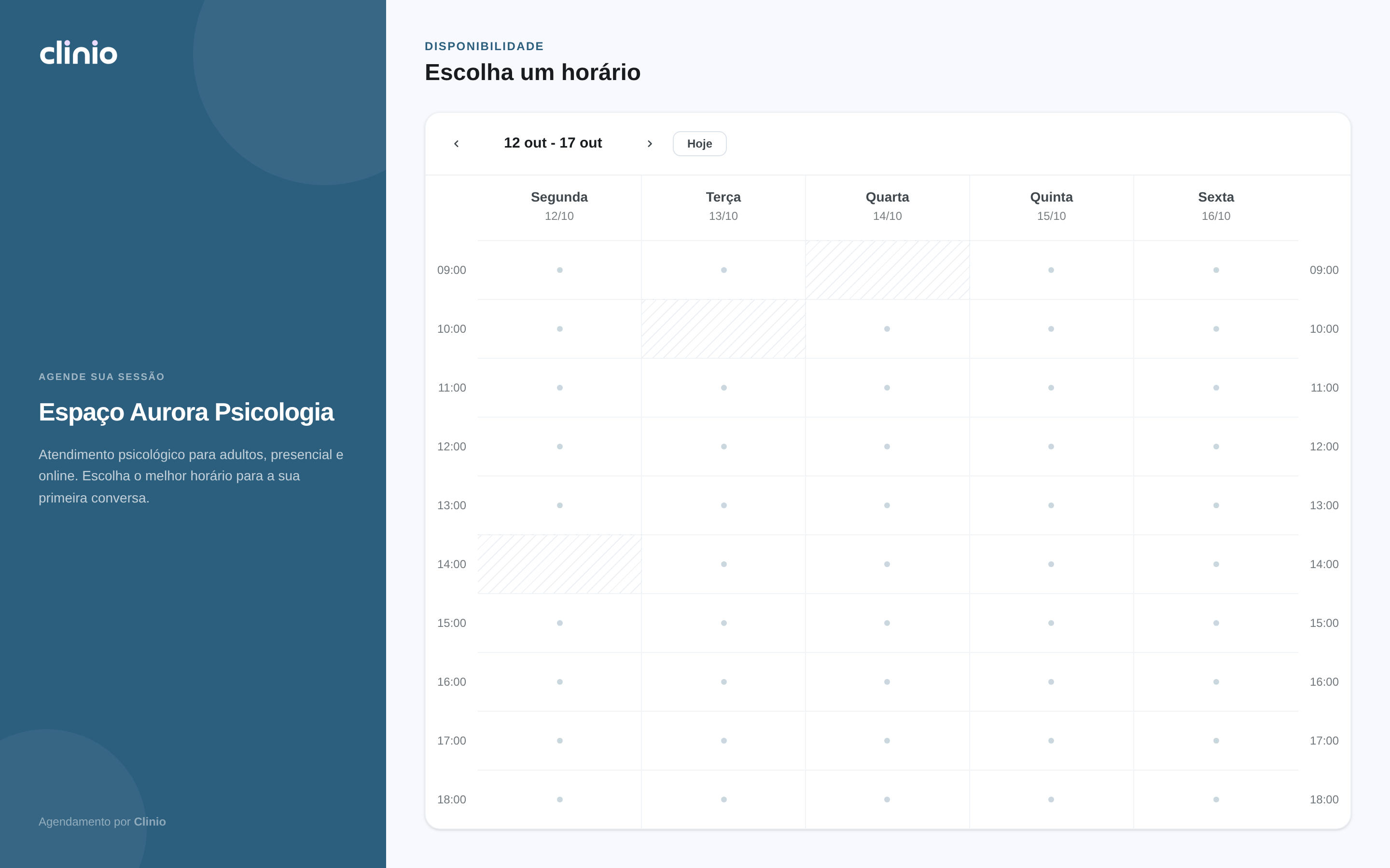 Página pública de agendamento, com os horários livres da semana para o paciente escolher.