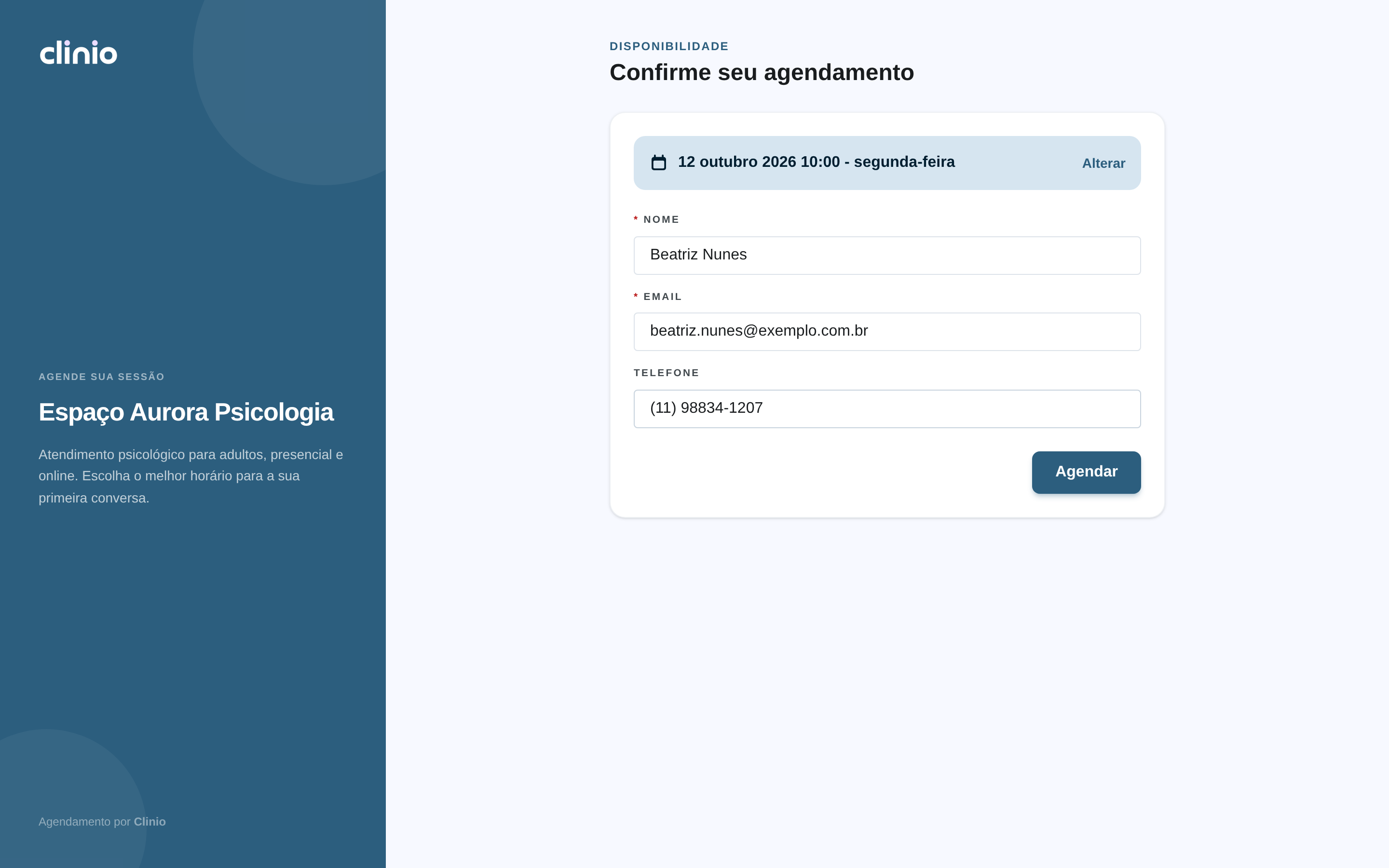 Formulário de confirmação do agendamento, com o horário escolhido, nome, e-mail e telefone.