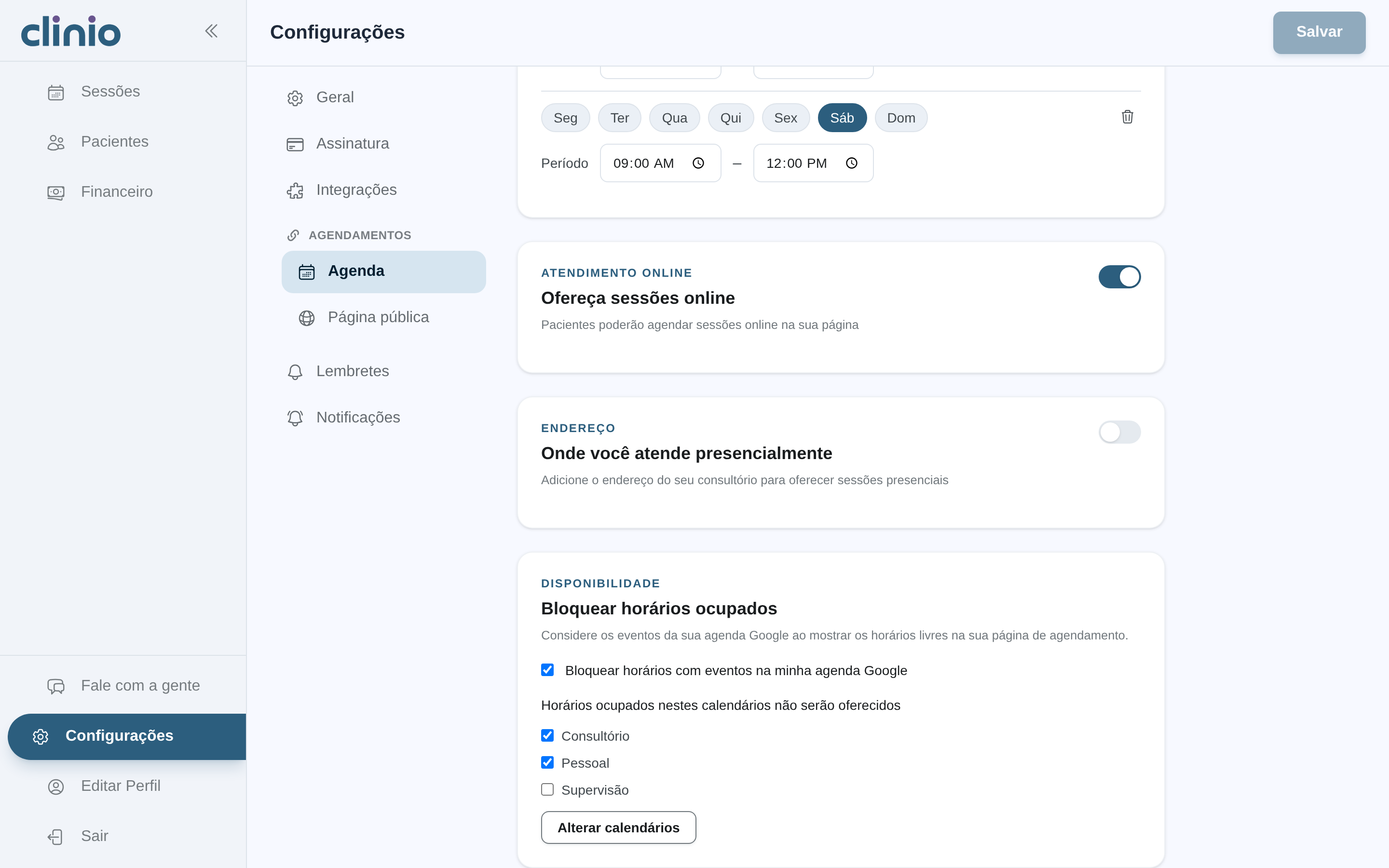 Configurações de horário de atendimento, com o bloqueio de horários a partir dos calendários Google escolhidos.