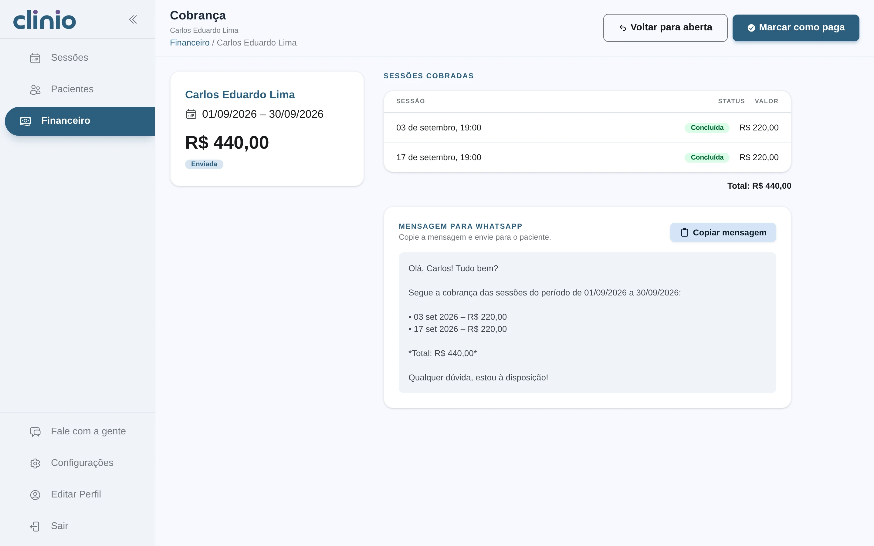 Página de uma cobrança, com as sessões do período e a mensagem pronta para copiar e enviar pelo WhatsApp.