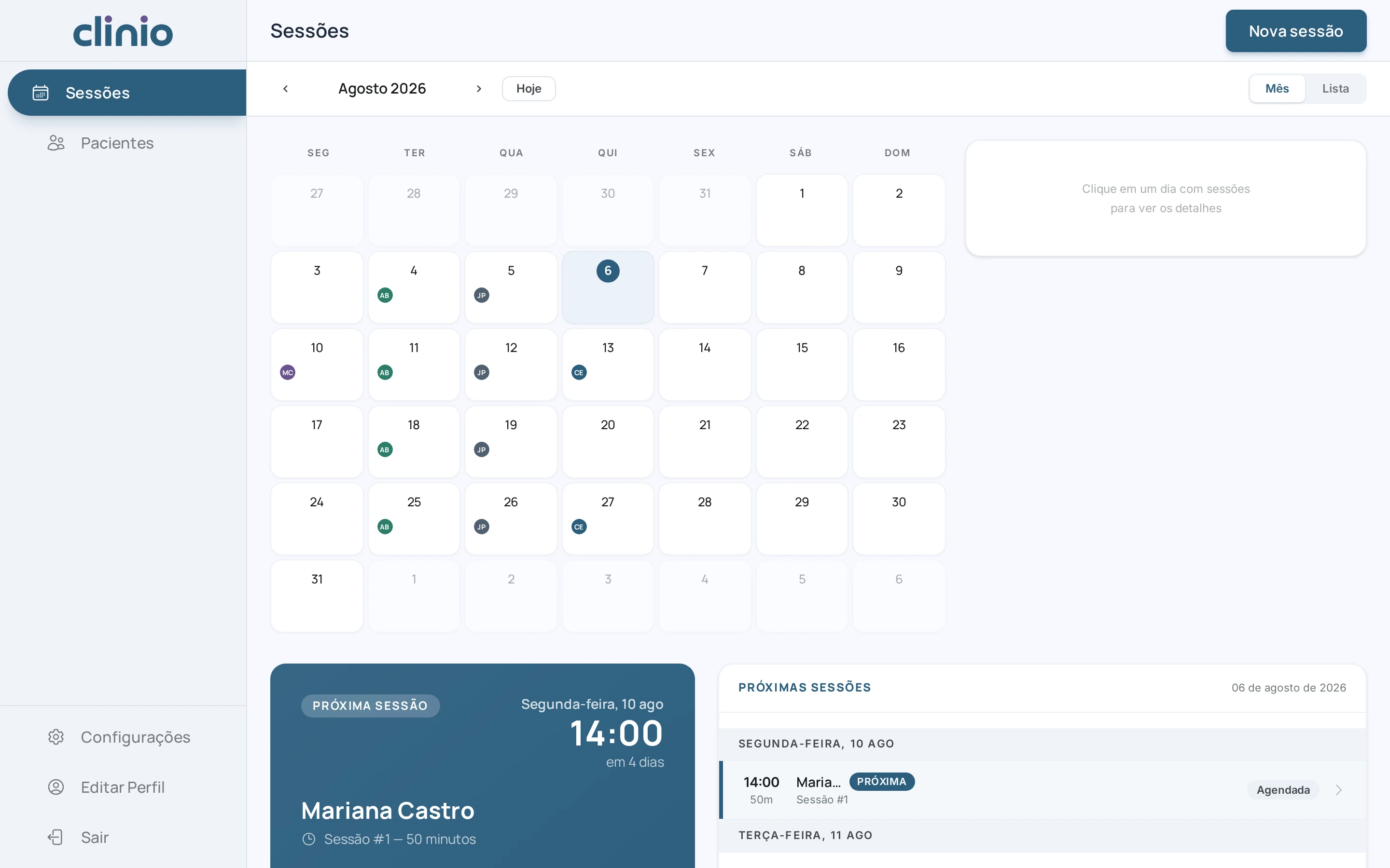 Tela de sessões do Clinio, com o calendário do mês e a próxima sessão em destaque.