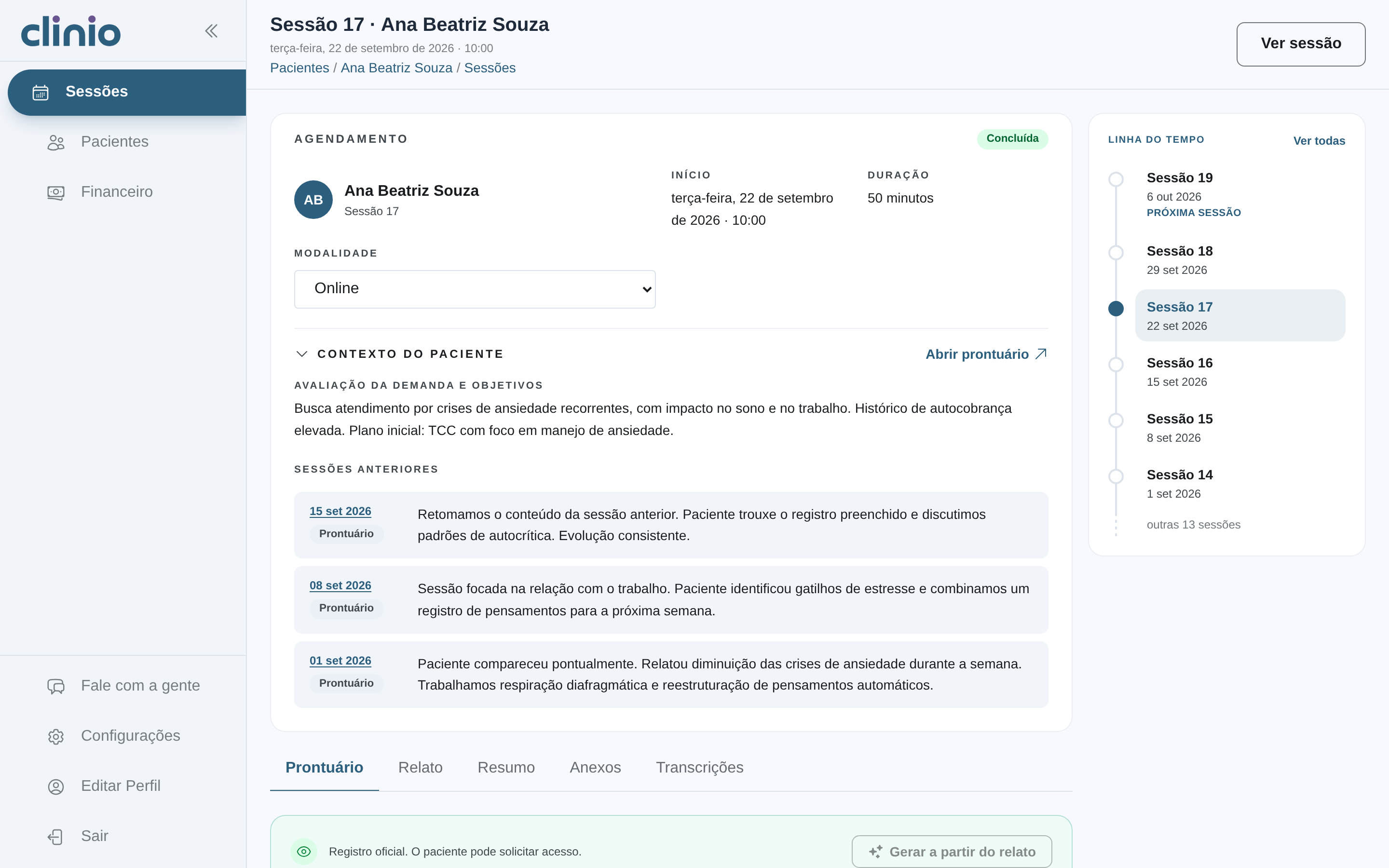 Edição de uma sessão com o contexto do paciente aberto, a evolução do prontuário e a linha do tempo.