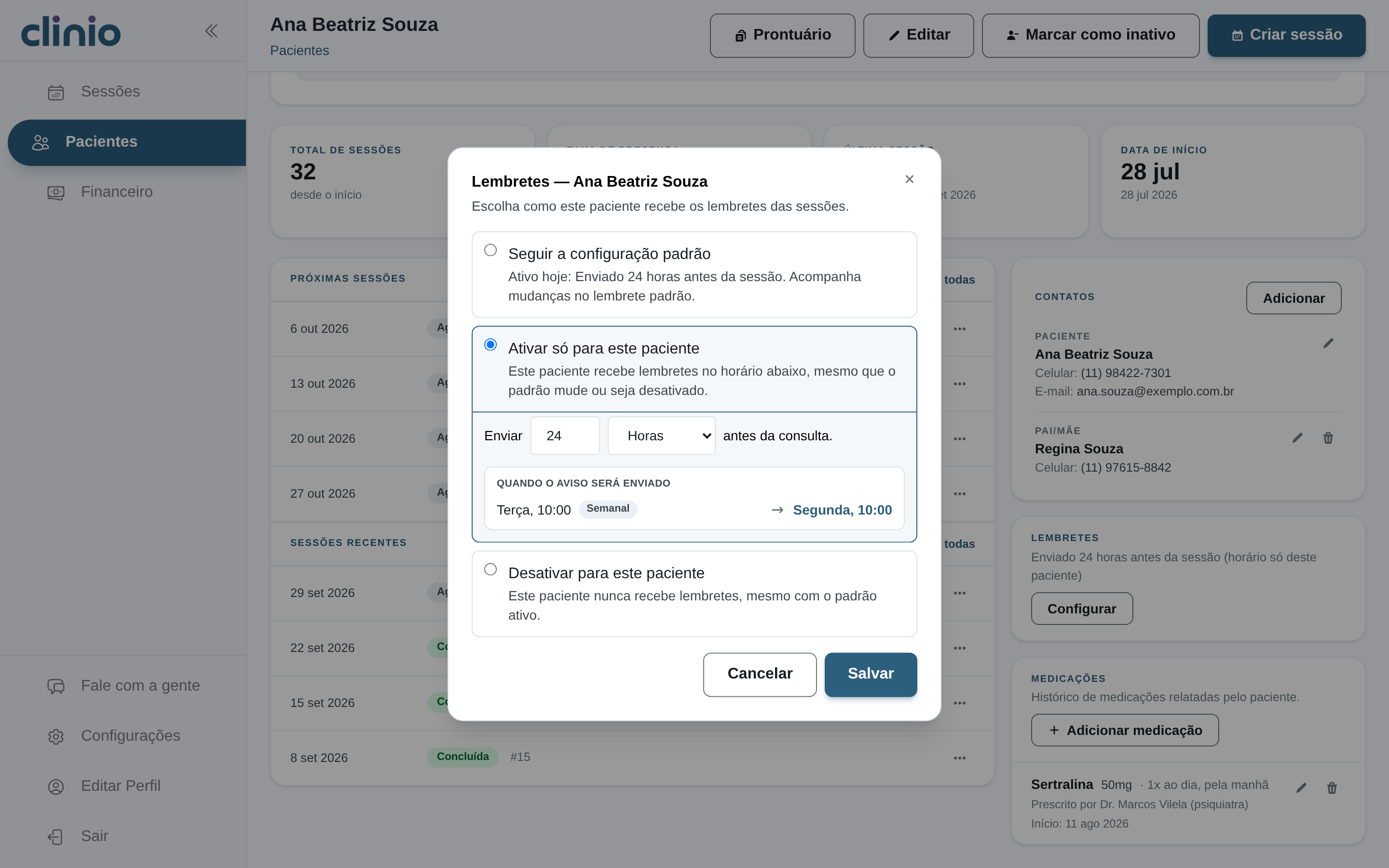 Configuração de lembretes na página do paciente, com a opção de usar o padrão da clínica ou um horário próprio.
