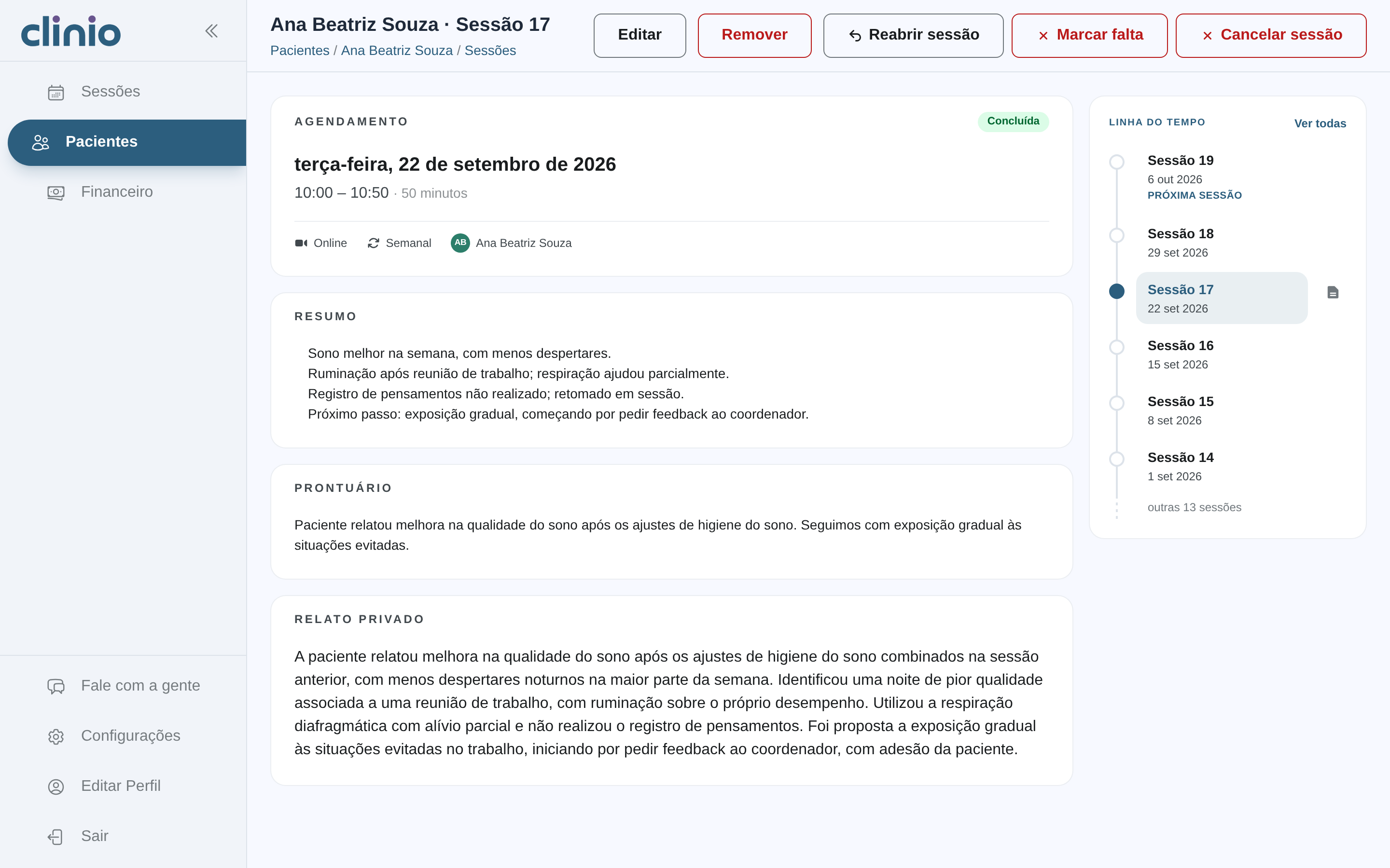 Detalhe de uma sessão concluída, com o agendamento, o prontuário e o relato privado.